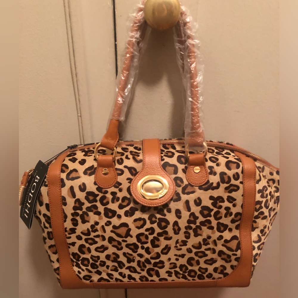 NWT Stunning Bodhi Leopard Print Pony Hair Satchel w/ Leather Trim and Handles